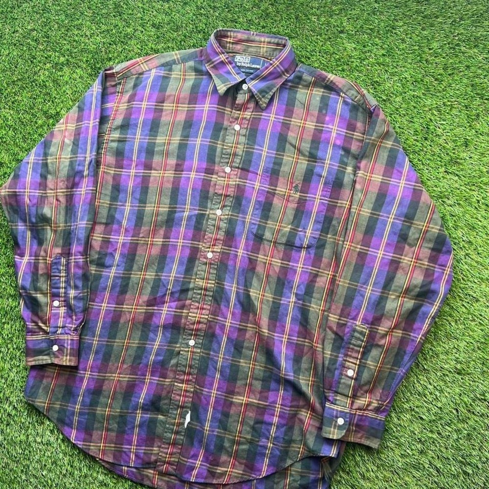 VTG Polo Ralph Lauren Shirt Mens L Plaid Flannel Long Sleeve Button Down Casual